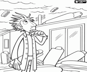 The inventor Flint concerned about the uncontrolled effects of his invention, the rain of food coloring page