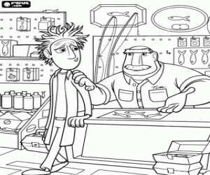 The inventor Flint listening to the advice of his father Tim in the fishing shop coloring page