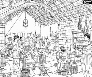 The kitchen of a castle or palace with the servants preparing food coloring page