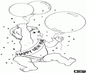 The New Year portrayed as a happy baby with a sash and balloons - Baby New Year coloring page