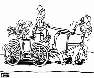 The newlyweds leaving the ceremony in a horse-drawn carriage coloring page