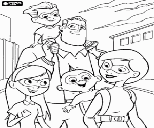 The Parr family, The Incredibles, with street clothes and the masks of superheroes coloring page