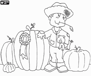 The peasant with a little piglet and their pumpkins, including the number 1, the largest and the pumpkin contest winner coloring page