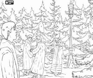 The Pevensie brothers, Peter, Lucy, Susan and Edmund in the magic forest coloring page