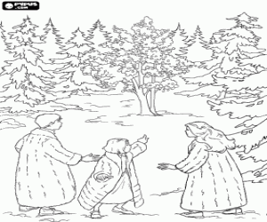 The Pevensie brothers, Peter, Susan and Lucy, in the magical forest of Narnia coloring page