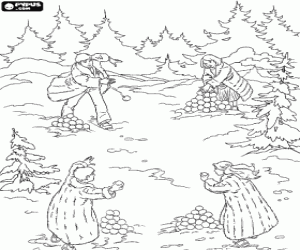 The Pevensie siblings playing in full battle snow coloring page