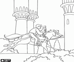 The Prince and Cinderella riding a horse through the palace gardens coloring page