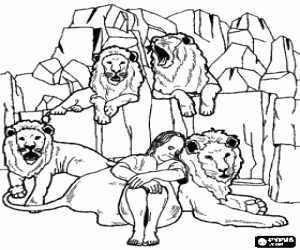The prophet Daniel sleeping peacefully in the den of lions coloring page