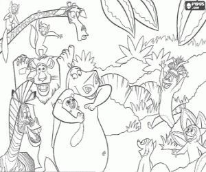 The protagonists of the adventures received by the lemurs in the rainforest of Madagascar coloring page