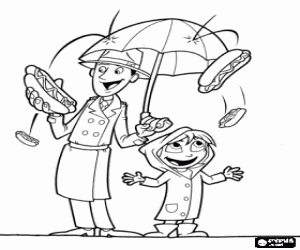 The rain of food has arrived, a man with an umbrella and his daughter happy with the rain of hot dogs coloring page