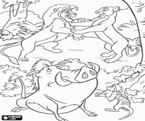 The reunion of Simba and Nala, with Pumbaa and Timon coloring page