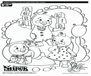 The three children of Shrek and Fiona, the ogre babies playing coloring page