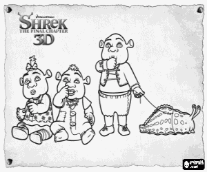 The three small ogres are the sons of Fiona and Shrek coloring page
