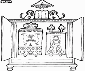 The Torah scrolls inside the Sacred Chest (Aaron haKodesh) that is oriented toward Jerusalem coloring page