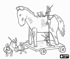 The Trojan horse, a giant hollow wooden horse, with greek soldiers going into the interior to cheat and beat the trojans coloring page