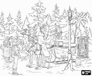 The White Witch Jadis in the magical forest with other characters coloring page