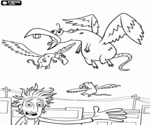 The young investigator Flint Lockwood and one of his inventions, the rat-birds coloring page