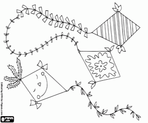 Three beautiful kites flying in the sky coloring page