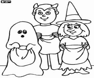 Three children dressed for trick or treat - A ghost, a witch and a demon with bags coloring page