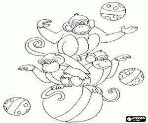 Three monkeys playing with balls coloring page