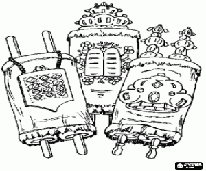 Three scrolls of the Torah or Sifrei Torah, sacred writings in judaism coloring page