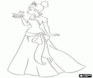 Tiana in the moment to kiss the frog Naveen coloring page