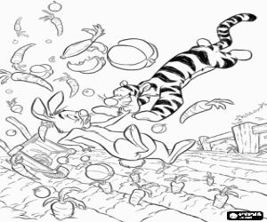 Tigger has a scared Rabbit who was working in the orchard coloring page