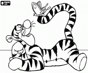 Tigger lying on the floor watching a butterfly that has landed on his tail coloring page
