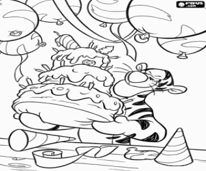 Tigger with his big birthday cake coloring page