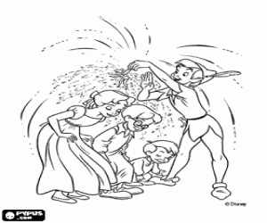 Tinker Bell and Peter Pan throw magic dust Wendy, John and Michael so they can fly coloring page