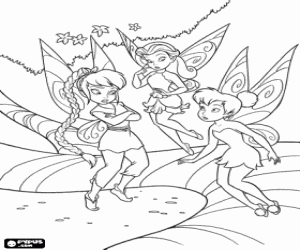 Tinker Bell, Fawn and Rosetta flying near a branch of a tree coloring page