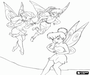 Tinker Bell or Tinkerbell with two of her friends, the fairies Rosetta and Fawn coloring page