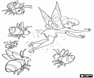 Tinkerbell flying surprised to see a group of fireflies coloring page