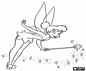 Tinkerbell in action with the magic wand coloring page