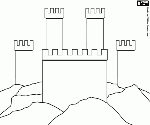 Towers with battlements or merlons of a castle that rests on the rocks coloring page