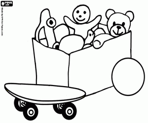 Toy box open with a skateboard, a ball and a doll coloring page