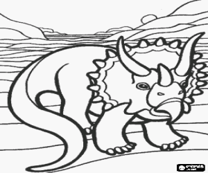 Triceratops dinosaur with three horns in a desert landscape coloring page