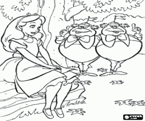 Tweedledum and Tweedledee talking with Alice coloring page