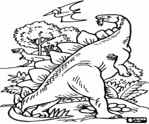 Two dinosaur and a pterodactyl in the landscape coloring page