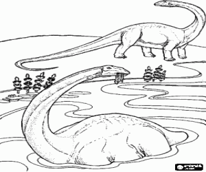 Two dinosaurs, one is eating into the water while the other is watching coloring page