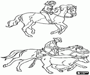 Two equestrian images - Young rider mounting a horse and cow-boy riding a horse and throwing the lasso coloring page