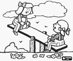 Two girls playing with a seesaw or teeter-totter in the park coloring page