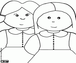 Two girls watching carefully coloring page