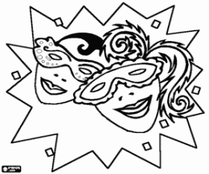 Two heads with carnival masks coloring page