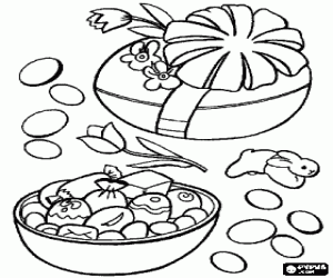 Two large Easter eggs with small chocolate eggs inside coloring page