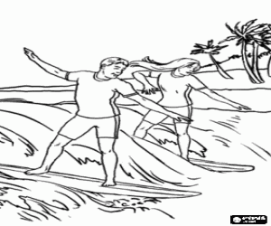 Two surfers surfing in front of the coast coloring page