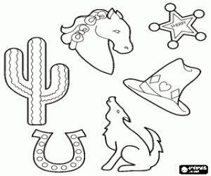 Typical images of the Wild West: a cactus, a horseshoe, a horse, a cowboy hat, a coyote and a sheriff star coloring page