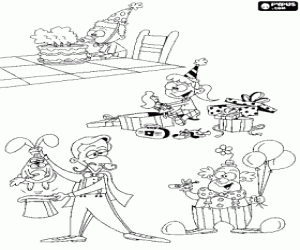 Typical scenes birthday party: a boy blowing the candles, a girl with gifts, a magician pulling a rabbit from a hat and a very funny clown coloring page