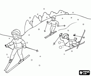 Typical winter scene with children skiing in the mountain coloring page
