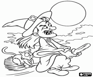 Ugly witch with her cat flying at full speed in her enchanted broom coloring page